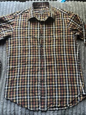 DAKS Men's Black, Burnt Orange, and mustard Plaid Button-Down Shirt